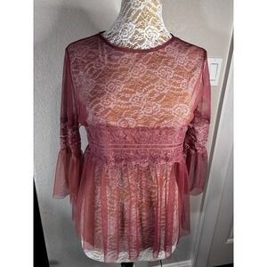 Ups & Downs Women's Rose Pink Mesh & Lace Top 3/4 Belle Sleeves Coquette Fairy M